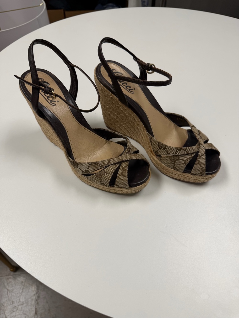 Gucci Beige/Brown Monogram Espadrille Wedge Sandals